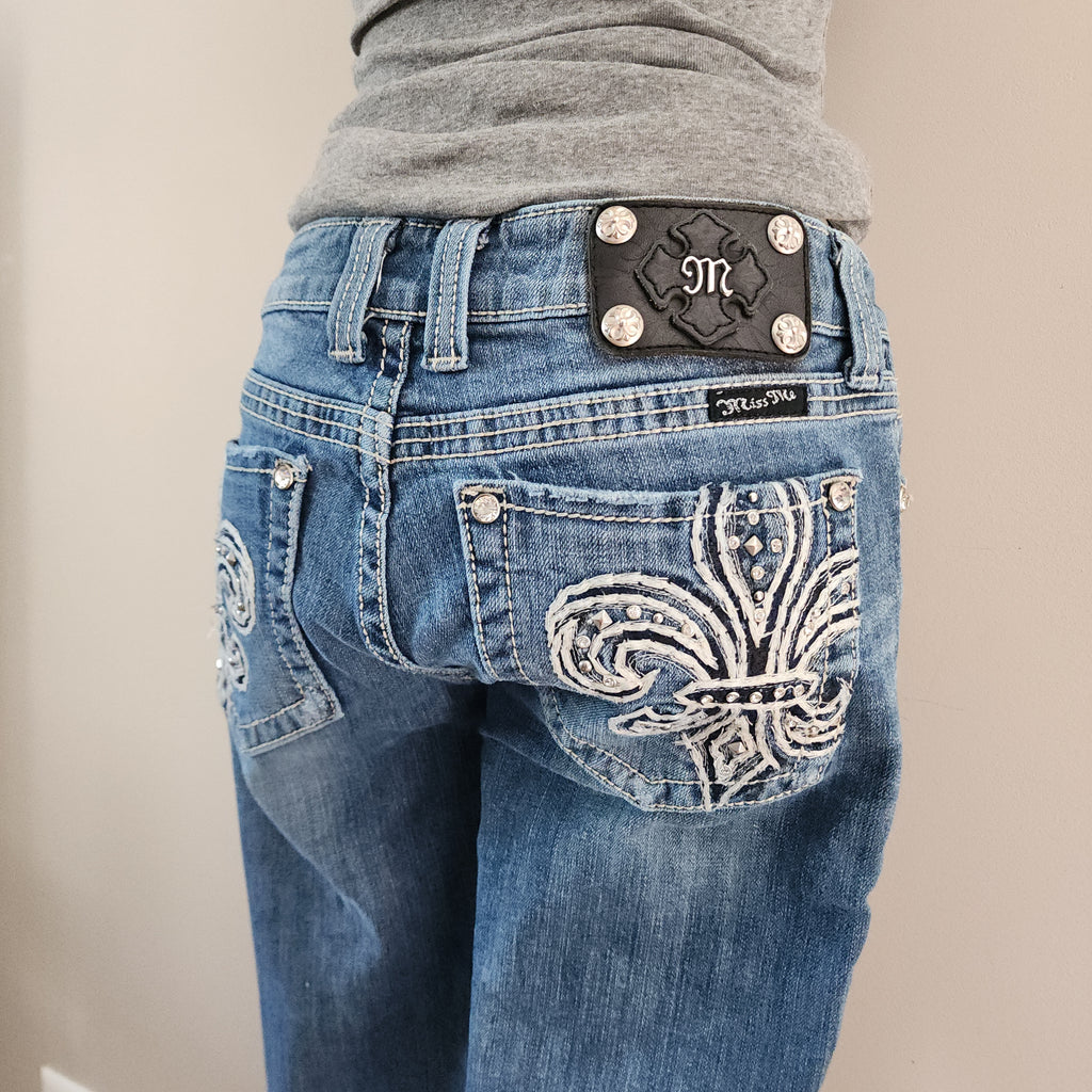 Y2K Miss Me Low Rise Light Wash Distressed Cathedral Embellished Bootcut Denim Jeans