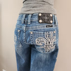 Y2K Miss Me Low Rise Light Wash Distressed Cathedral Embellished Bootcut Denim Jeans