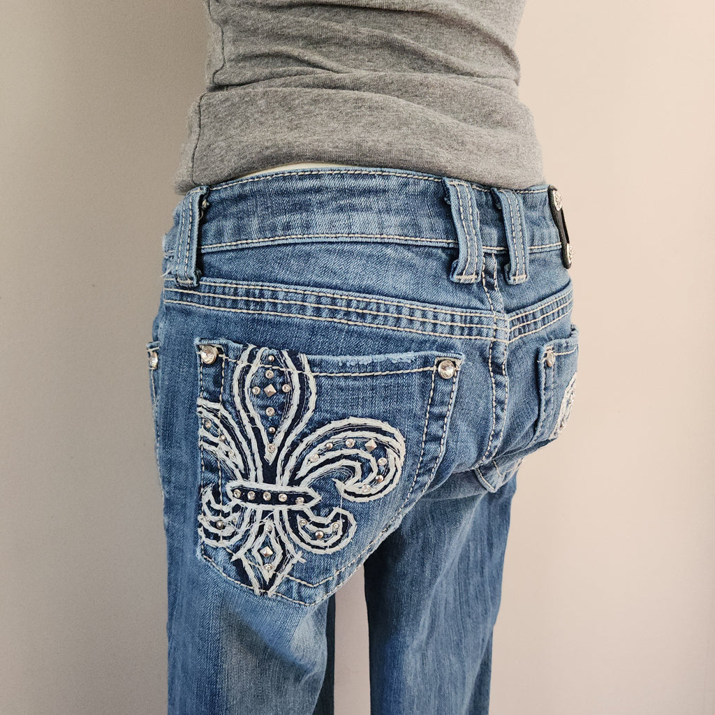 Y2K Miss Me Low Rise Light Wash Distressed Cathedral Embellished Bootcut Denim Jeans