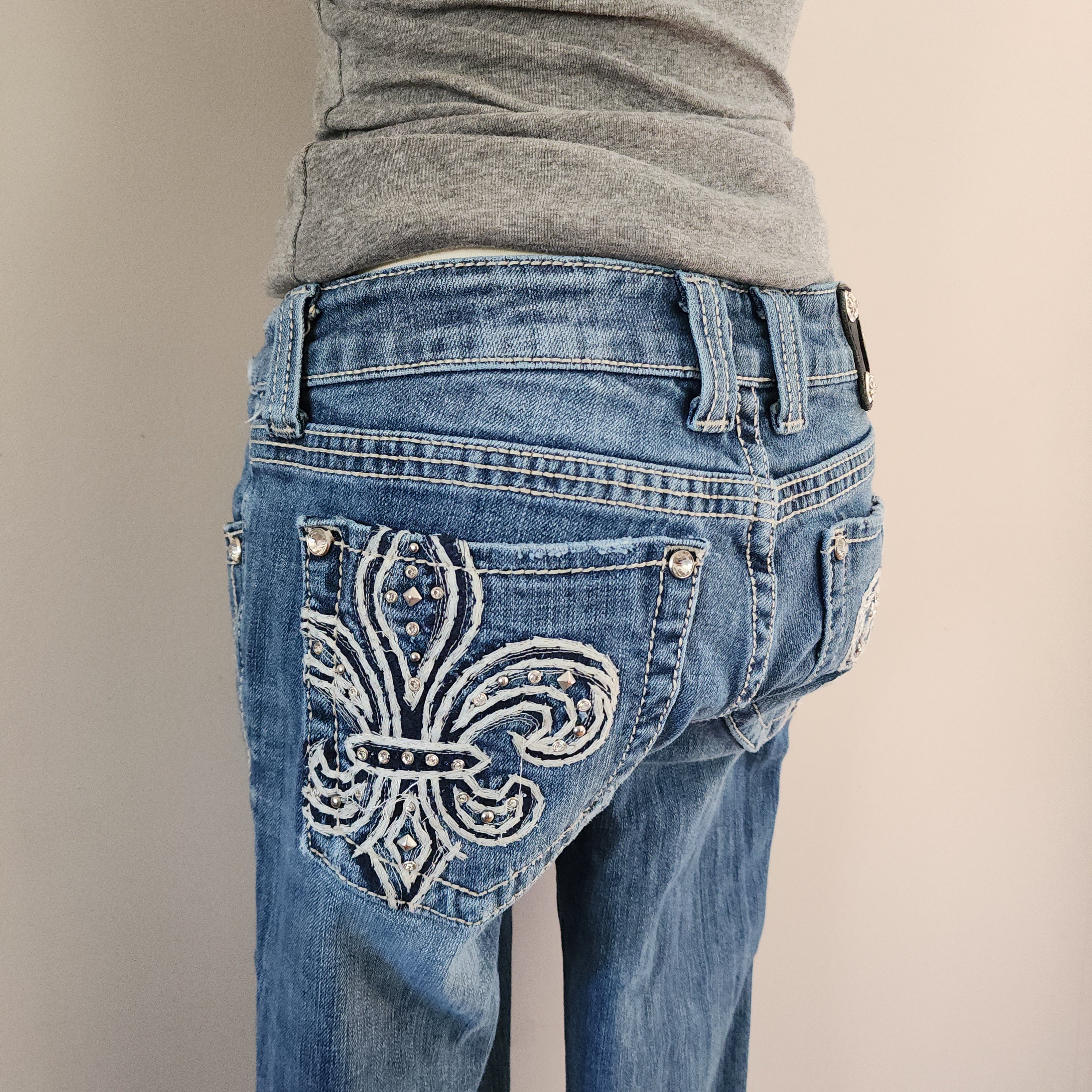 Y2K Miss Me Low Rise Light Wash Distressed Cathedral Embellished Bootcut Denim Jeans