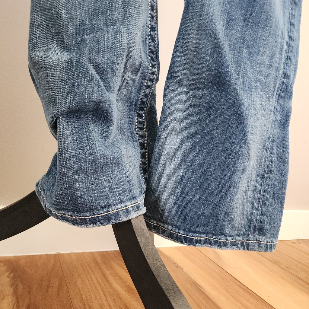 Y2K Miss Me Low Rise Light Wash Distressed Cathedral Embellished Bootcut Denim Jeans