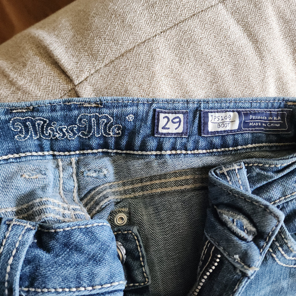 Y2K Miss Me Low Rise Light Wash Distressed Cathedral Embellished Bootcut Denim Jeans