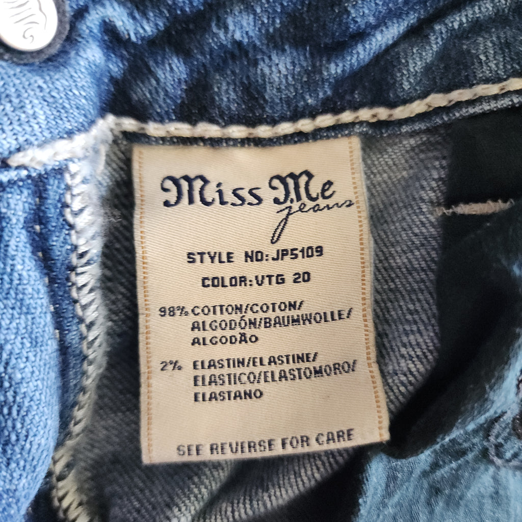 Y2K Miss Me Low Rise Light Wash Distressed Cathedral Embellished Bootcut Denim Jeans