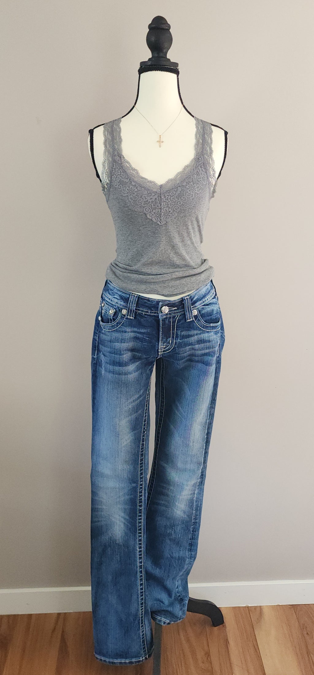 Y2K Miss Me Low Rise Medium Wash Cathedral Embellished Bootcut Denim Jeans