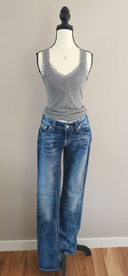 Y2K Miss Me Low Rise Medium Wash Cathedral Embellished Bootcut Denim Jeans