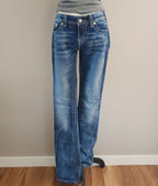 Y2K Miss Me Low Rise Medium Wash Cathedral Embellished Bootcut Denim Jeans