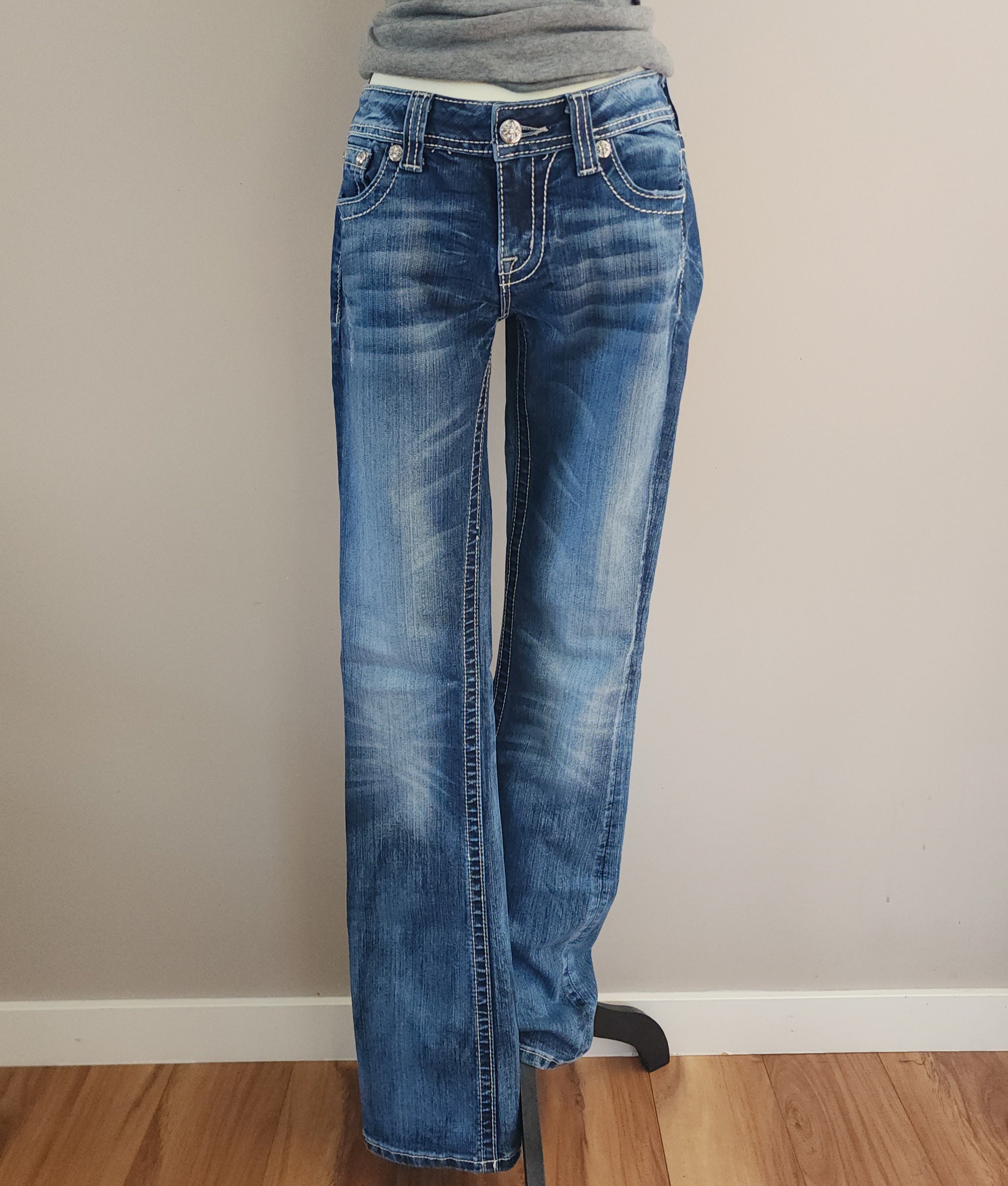 Y2K Miss Me Low Rise Medium Wash Cathedral Embellished Bootcut Denim Jeans