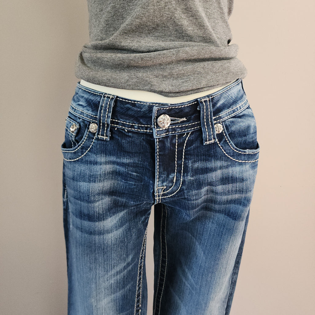 Y2K Miss Me Low Rise Medium Wash Cathedral Embellished Bootcut Denim Jeans