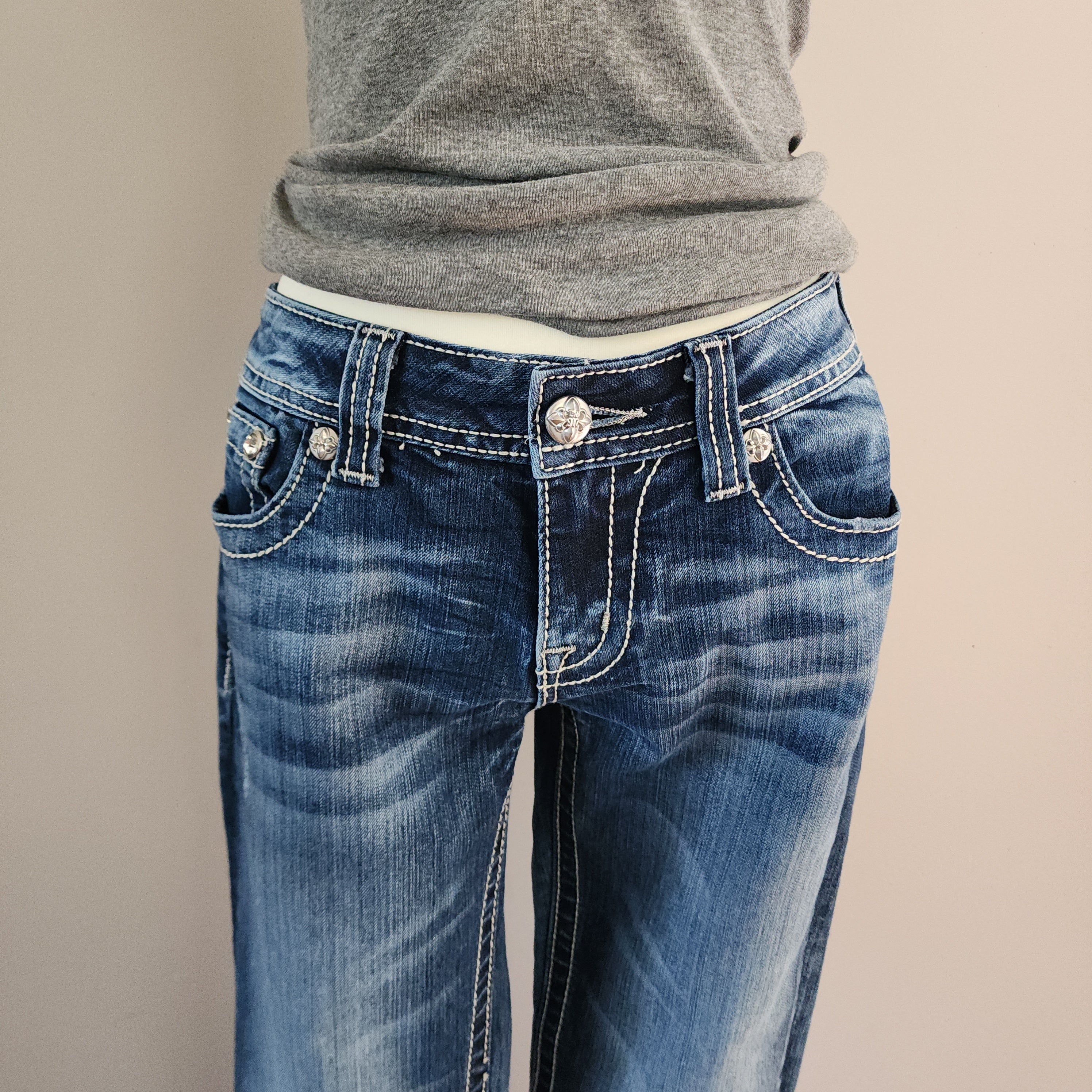 Y2K Miss Me Low Rise Medium Wash Cathedral Embellished Bootcut Denim Jeans