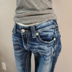 Y2K Miss Me Low Rise Medium Wash Cathedral Embellished Bootcut Denim Jeans