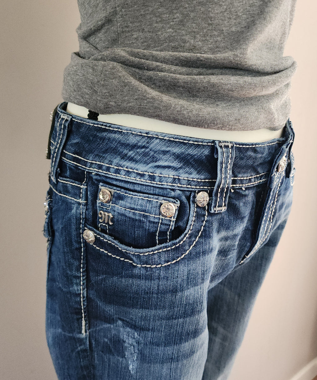 Y2K Miss Me Low Rise Medium Wash Cathedral Embellished Bootcut Denim Jeans