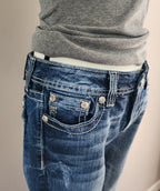 Y2K Miss Me Low Rise Medium Wash Cathedral Embellished Bootcut Denim Jeans