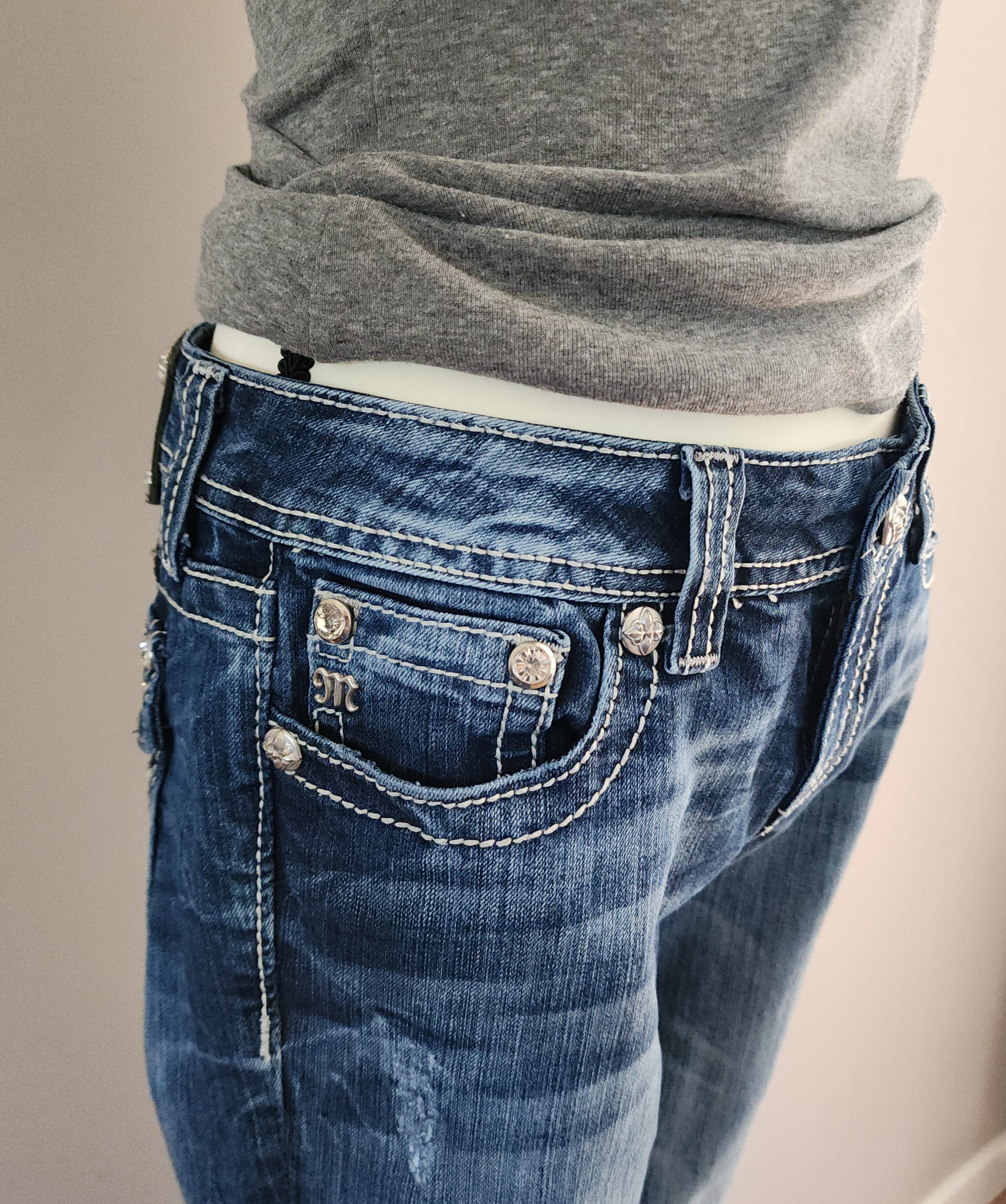 Y2K Miss Me Low Rise Medium Wash Cathedral Embellished Bootcut Denim Jeans