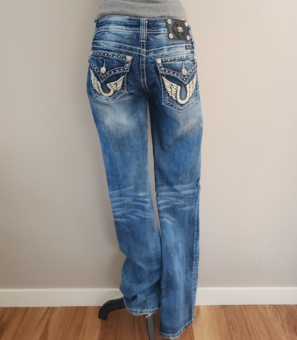 Y2K Miss Me Low Rise Medium Wash Cathedral Embellished Bootcut Denim Jeans