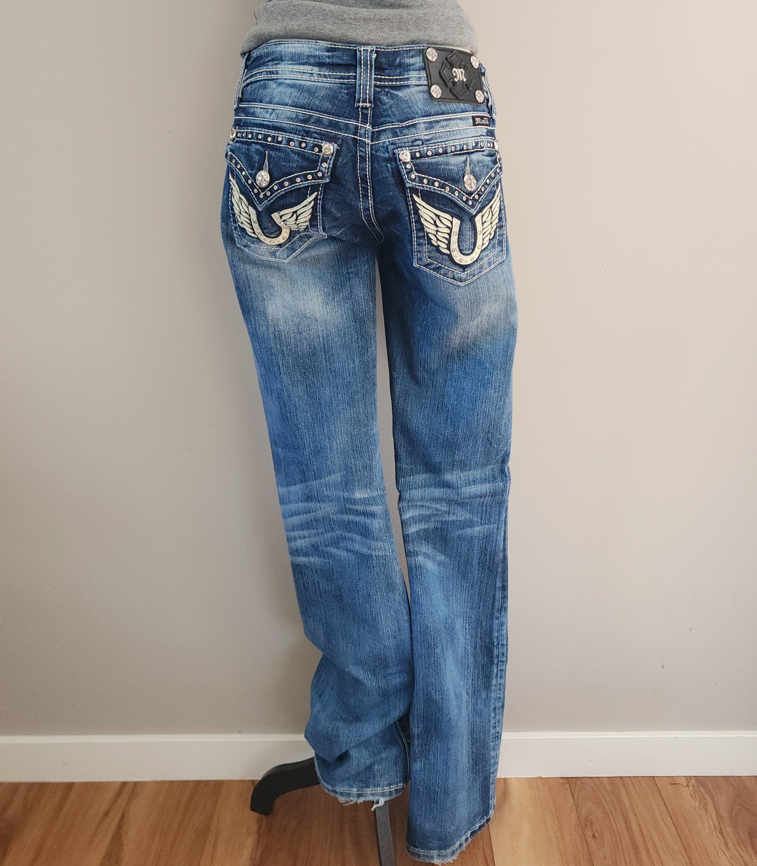 Y2K Miss Me Low Rise Medium Wash Cathedral Embellished Bootcut Denim Jeans