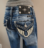 Y2K Miss Me Low Rise Medium Wash Cathedral Embellished Bootcut Denim Jeans