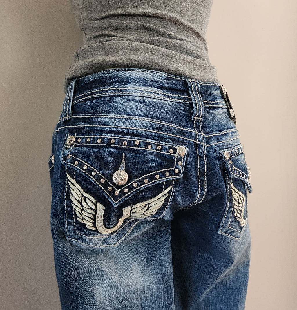 Y2K Miss Me Low Rise Medium Wash Cathedral Embellished Bootcut Denim Jeans