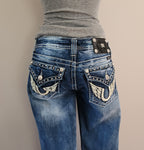 Y2K Miss Me Low Rise Medium Wash Cathedral Embellished Bootcut Denim Jeans