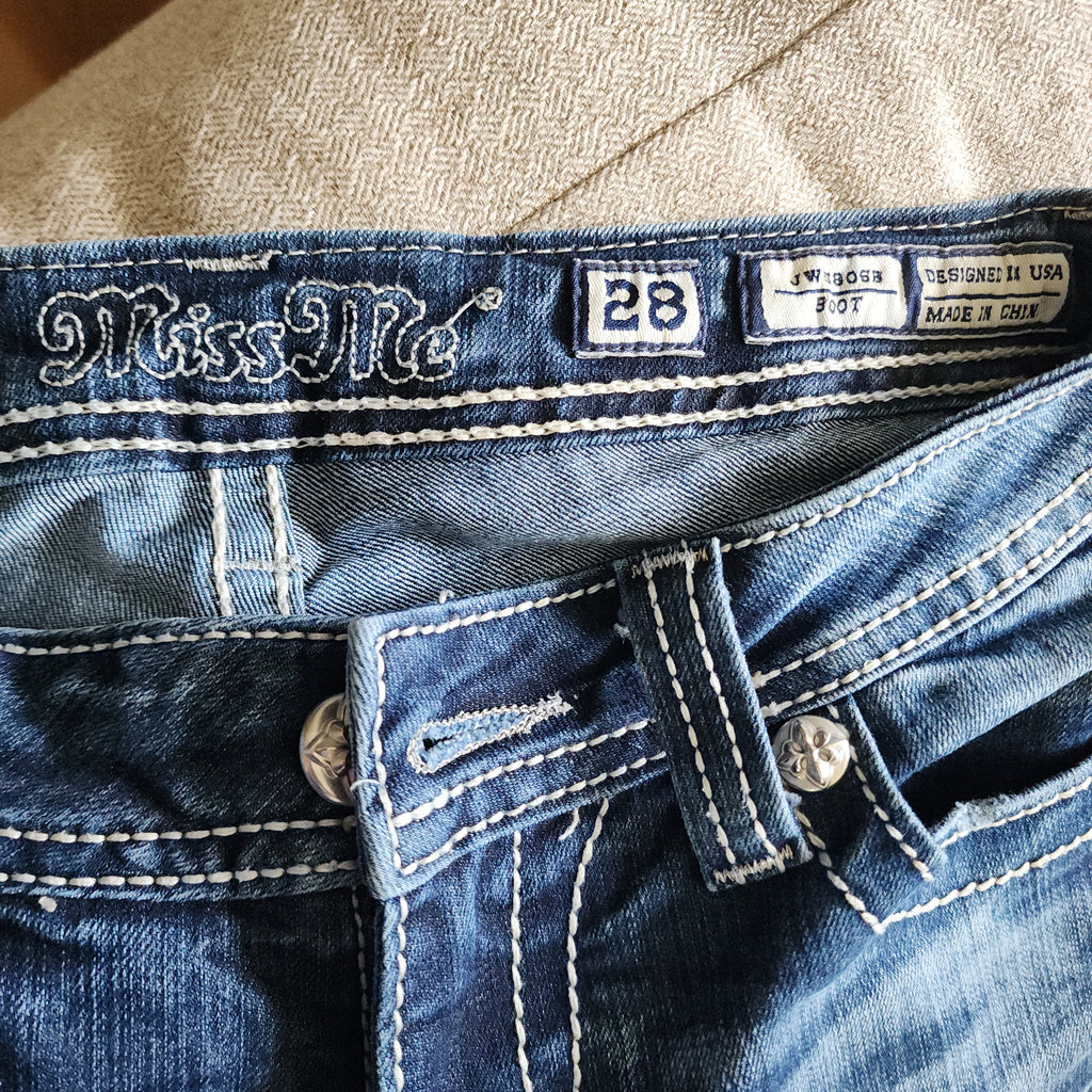Y2K Miss Me Low Rise Medium Wash Cathedral Embellished Bootcut Denim Jeans