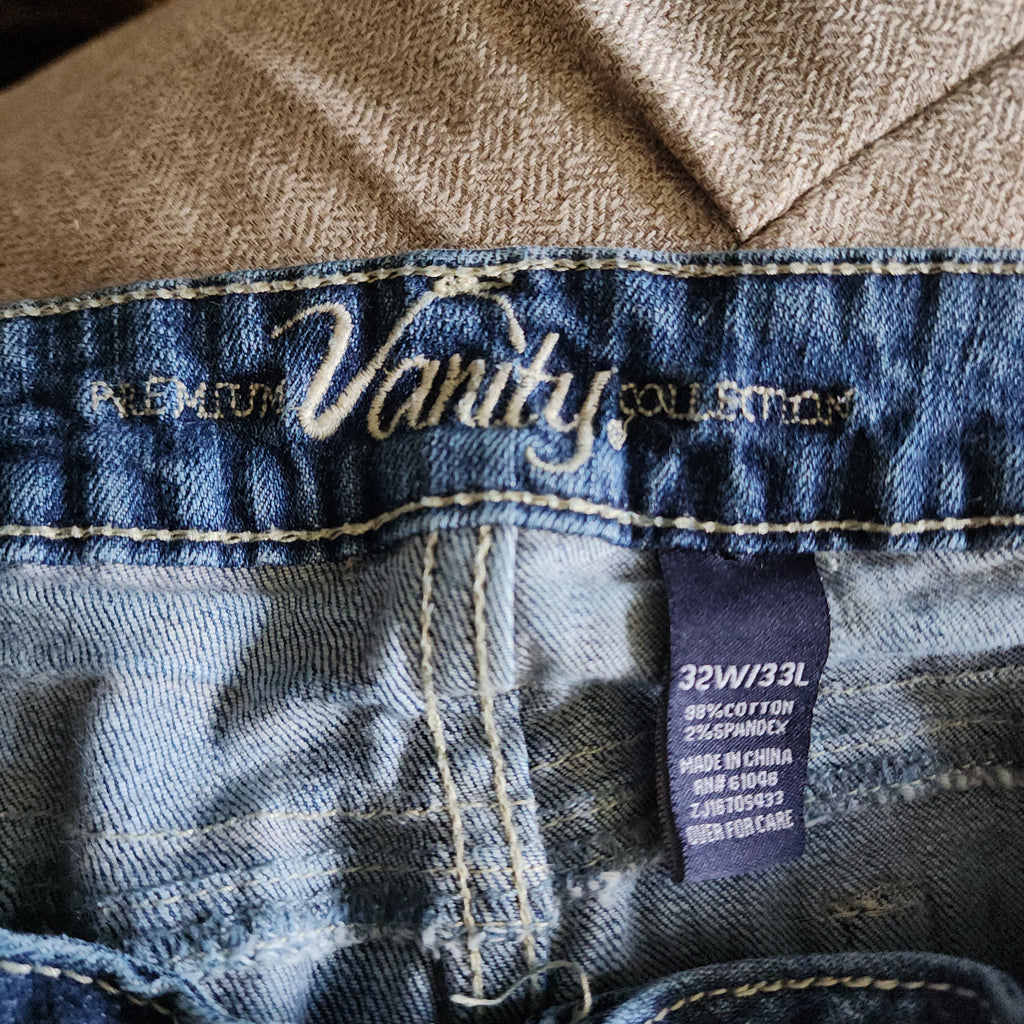 Y2K Vanity Mid Rise Medium Wash Cathedral Embellished Bootcut Denim Jeans