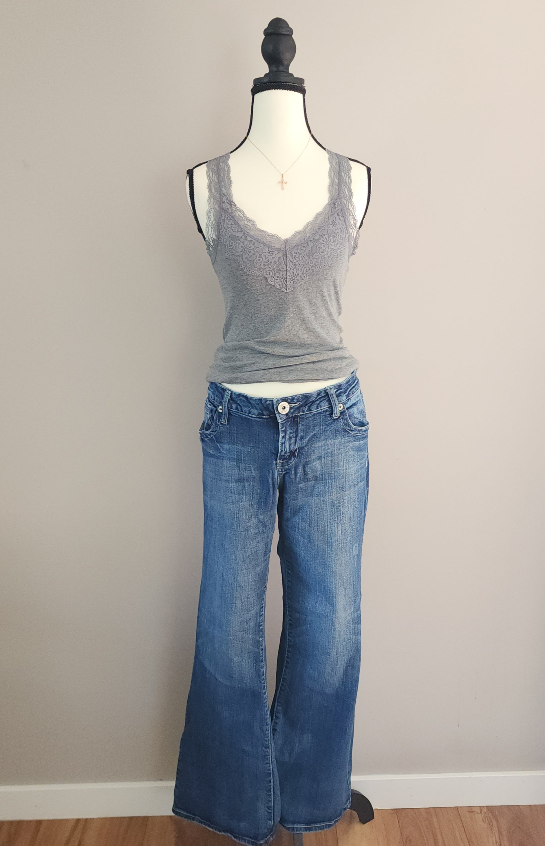 Y2K Vanity Mid Rise Medium Wash Cathedral Embellished Bootcut Denim Jeans