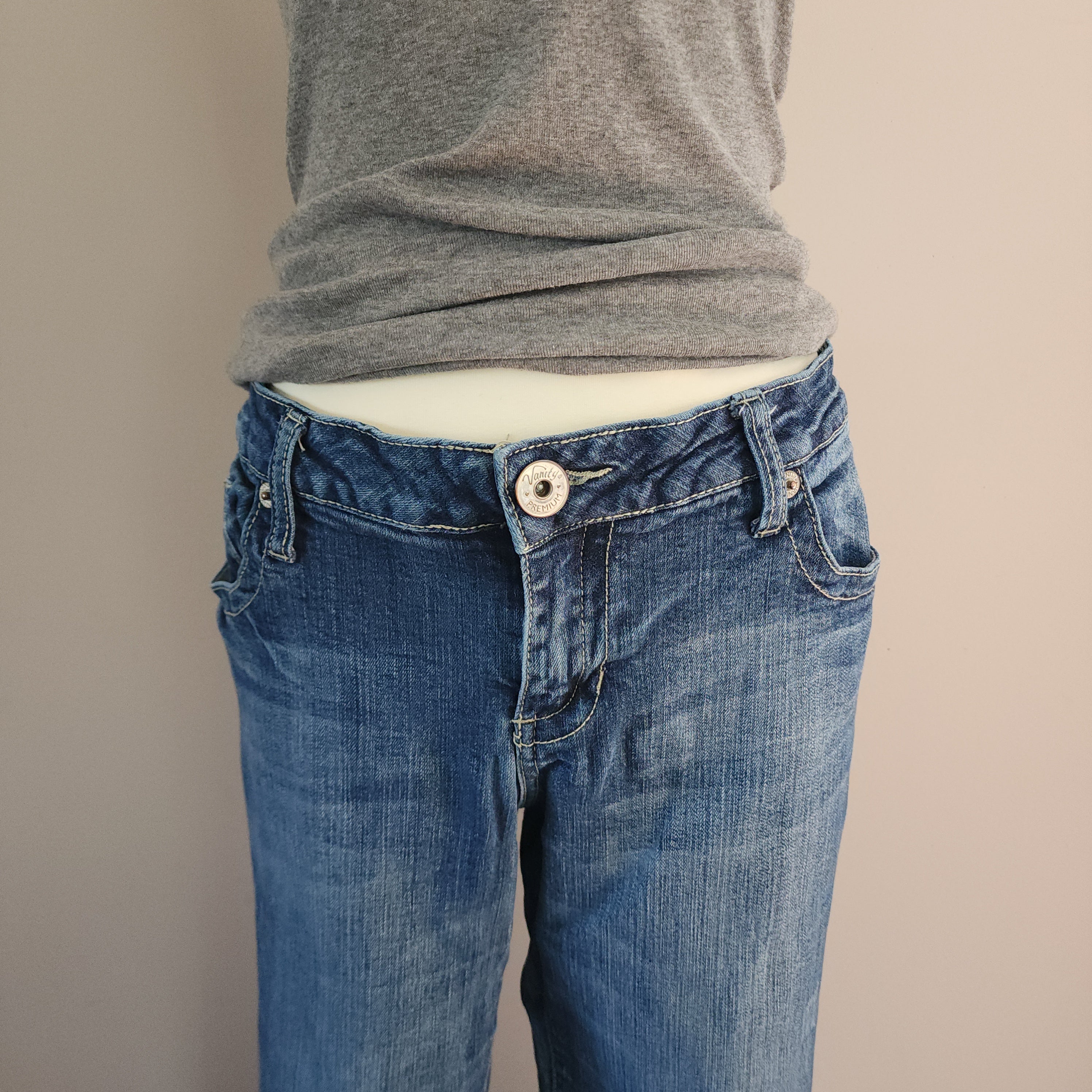 Y2K Vanity Mid Rise Medium Wash Cathedral Embellished Bootcut Denim Jeans