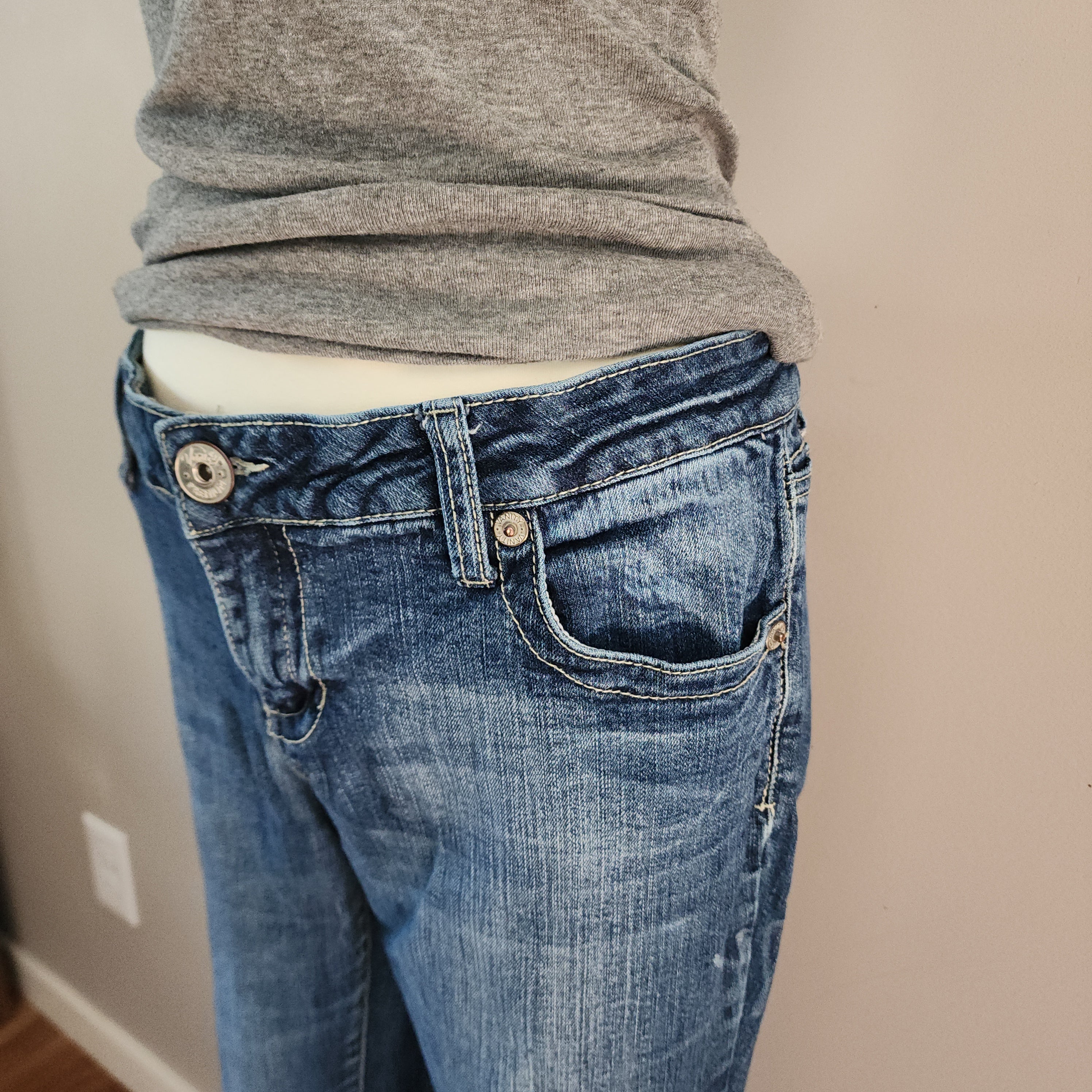 Y2K Vanity Mid Rise Medium Wash Cathedral Embellished Bootcut Denim Jeans