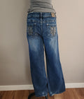 Y2K Vanity Mid Rise Medium Wash Cathedral Embellished Bootcut Denim Jeans