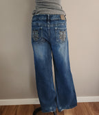 Y2K Vanity Mid Rise Medium Wash Cathedral Embellished Bootcut Denim Jeans