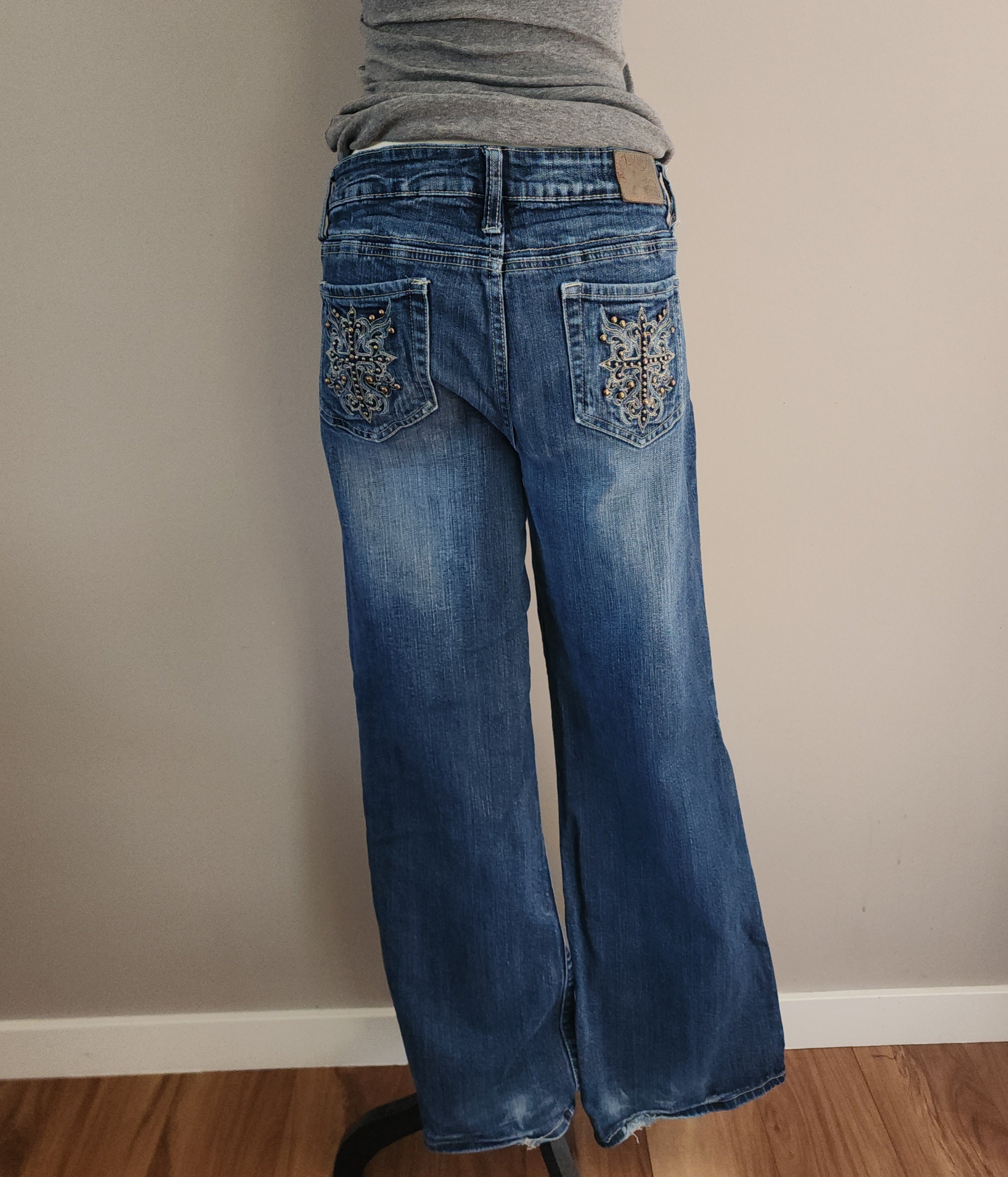 Y2K Vanity Mid Rise Medium Wash Cathedral Embellished Bootcut Denim Jeans