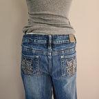 Y2K Vanity Mid Rise Medium Wash Cathedral Embellished Bootcut Denim Jeans