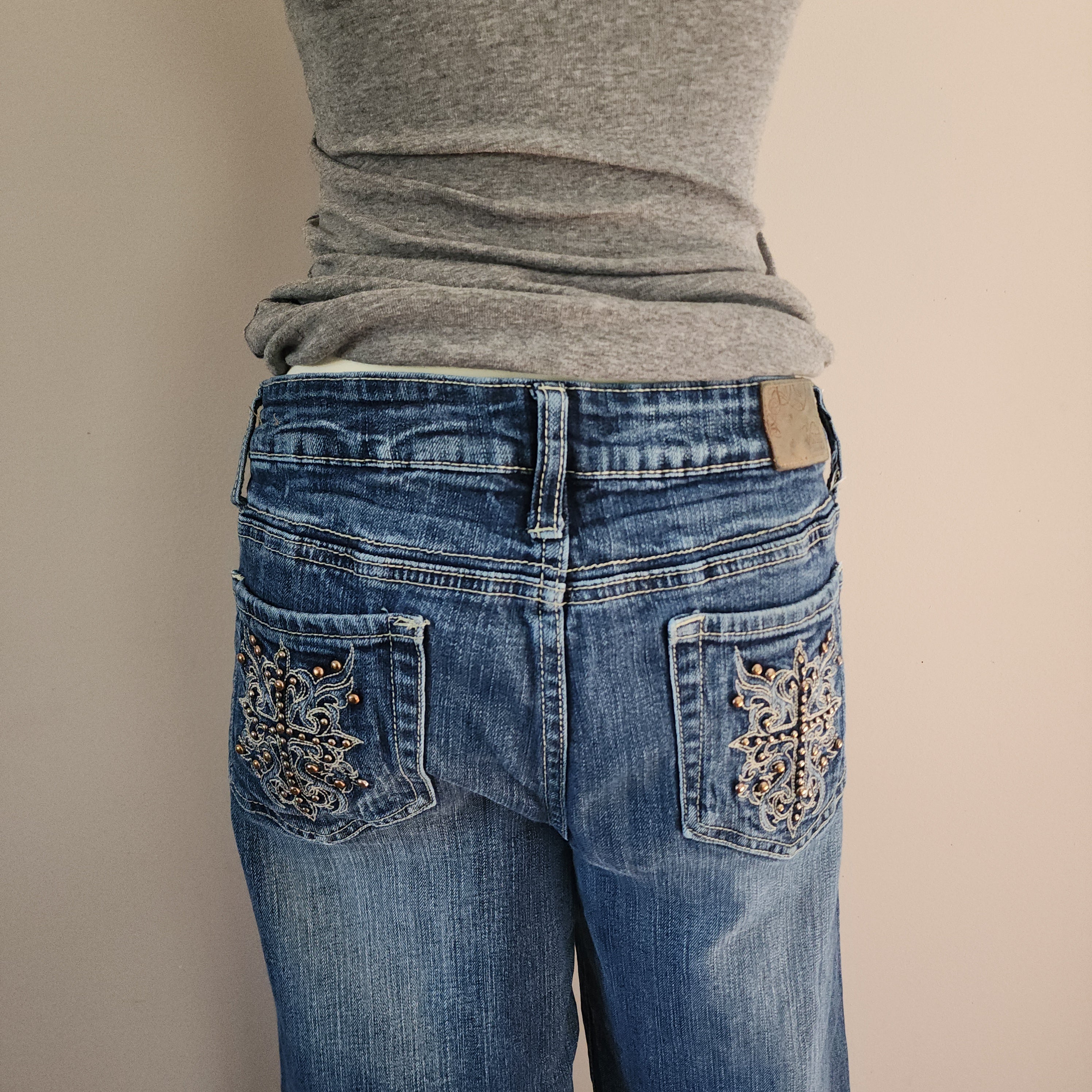 Y2K Vanity Mid Rise Medium Wash Cathedral Embellished Bootcut Denim Jeans