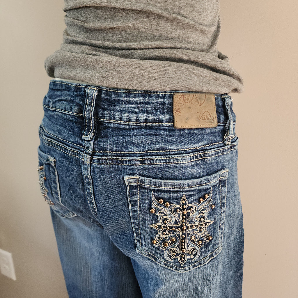 Y2K Vanity Mid Rise Medium Wash Cathedral Embellished Bootcut Denim Jeans