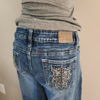 Y2K Vanity Mid Rise Medium Wash Cathedral Embellished Bootcut Denim Jeans