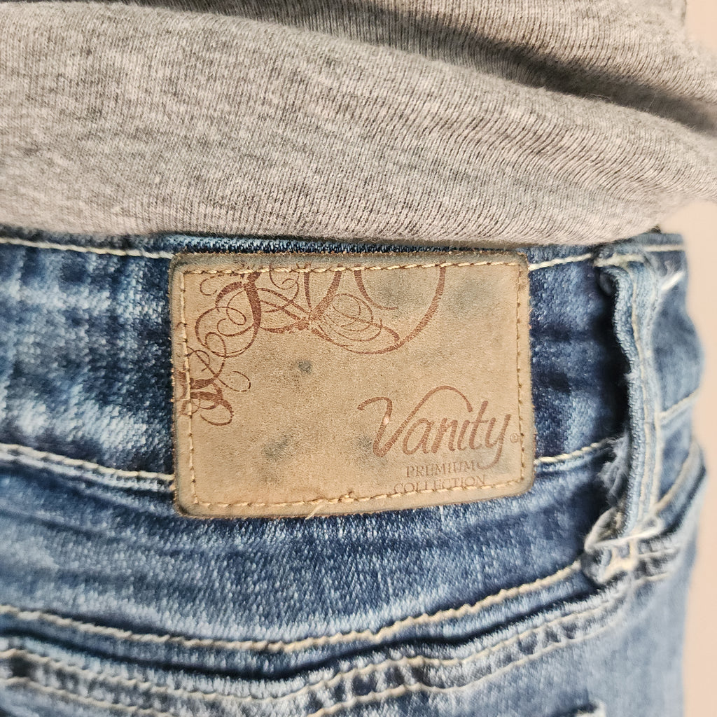 Y2K Vanity Mid Rise Medium Wash Cathedral Embellished Bootcut Denim Jeans