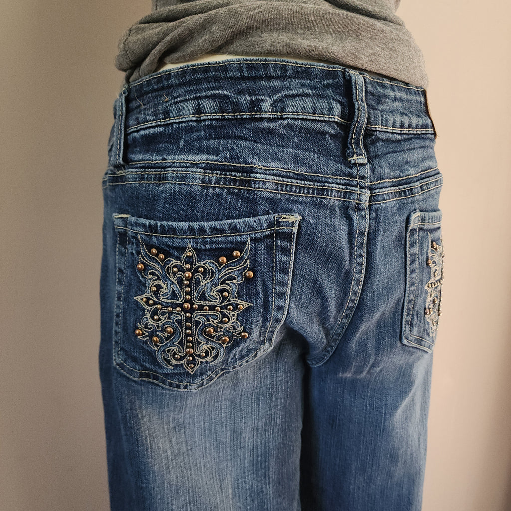 Y2K Vanity Mid Rise Medium Wash Cathedral Embellished Bootcut Denim Jeans