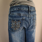 Y2K Vanity Mid Rise Medium Wash Cathedral Embellished Bootcut Denim Jeans