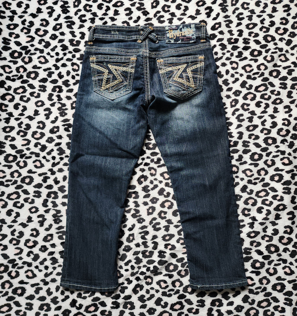 Y2K Hydraulic Low Rise Dark Wash Blue Embroidered Denim Capris