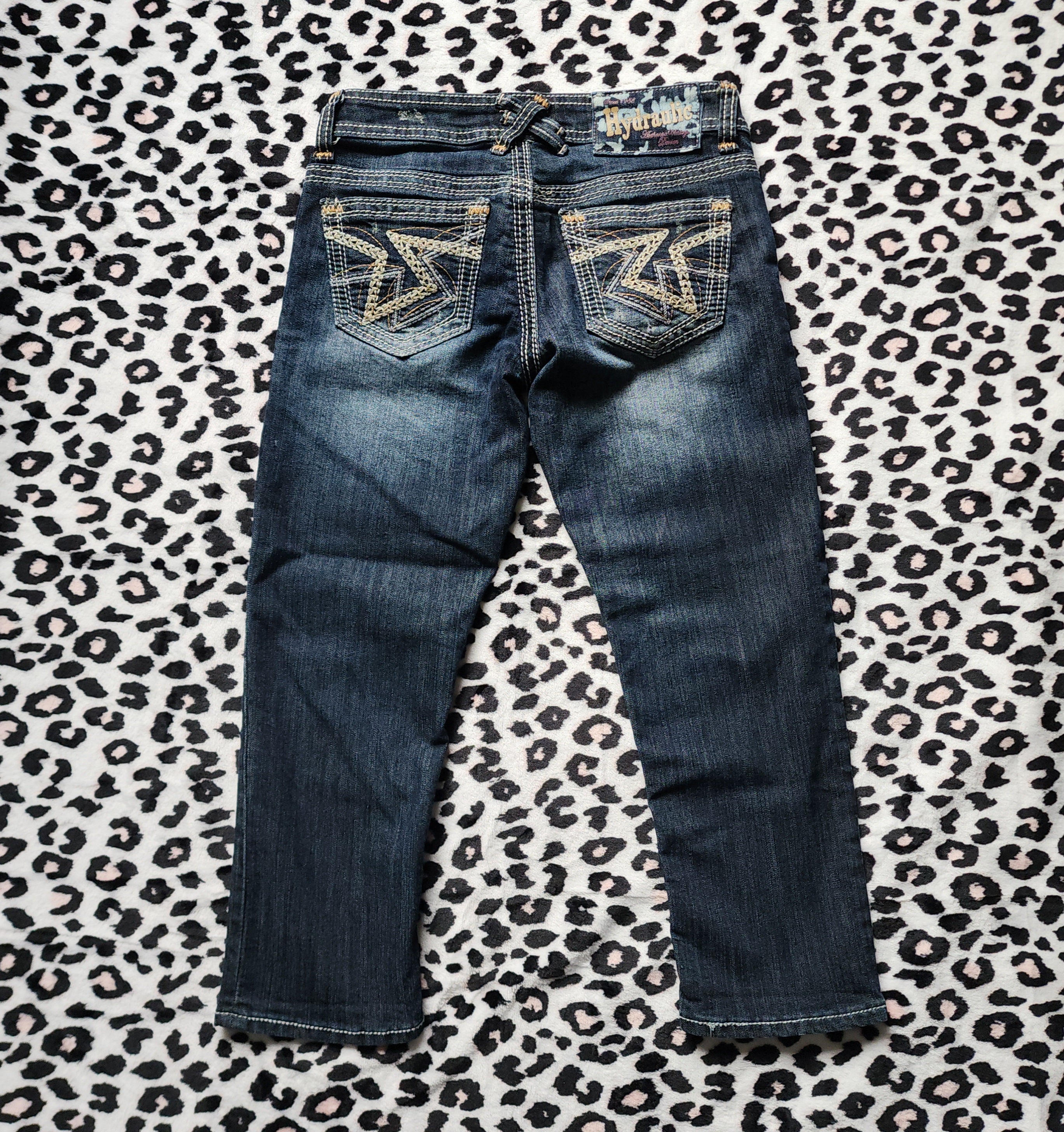 Y2K Hydraulic Low Rise Dark Wash Blue Embroidered Denim Capris
