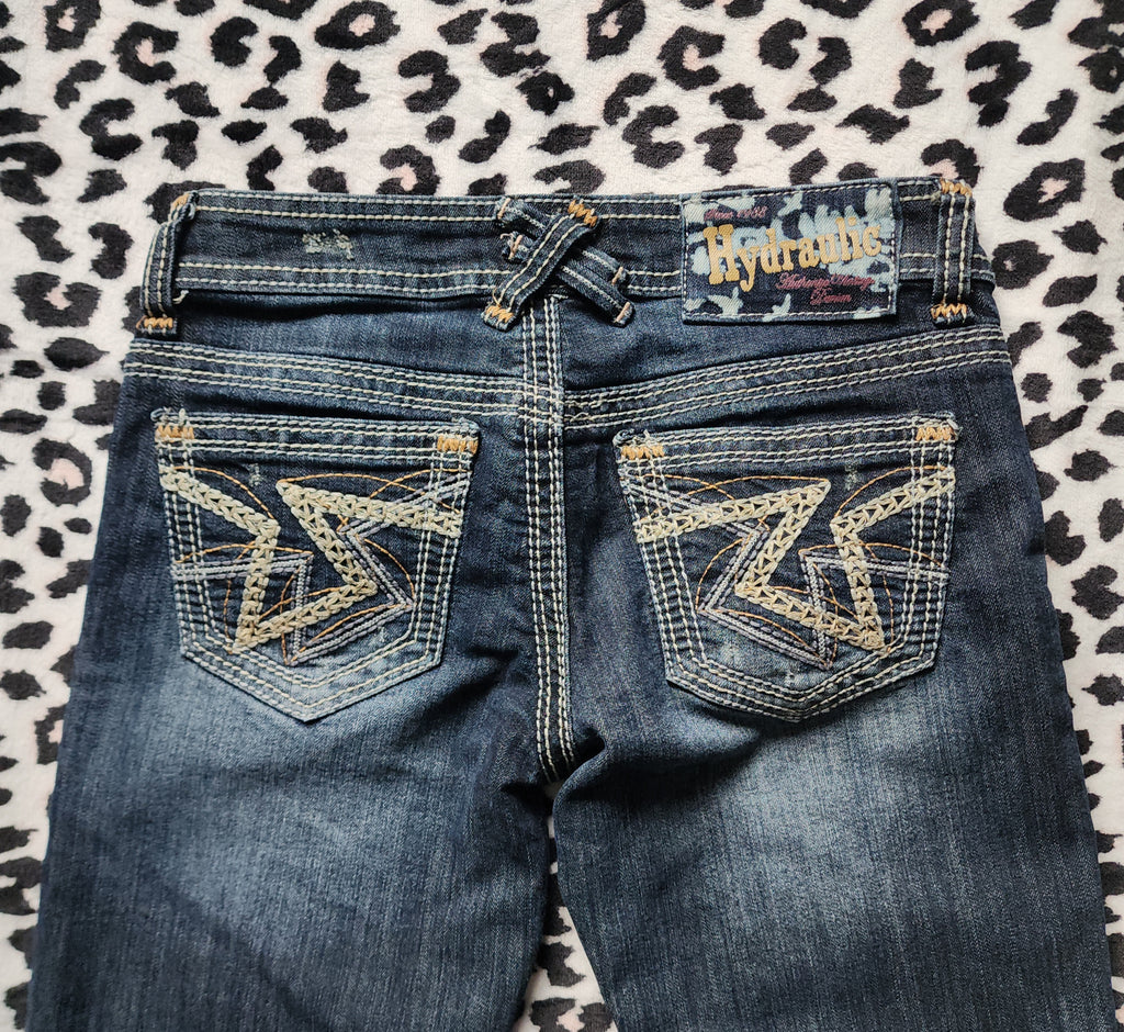 Y2K Hydraulic Low Rise Dark Wash Blue Embroidered Denim Capris