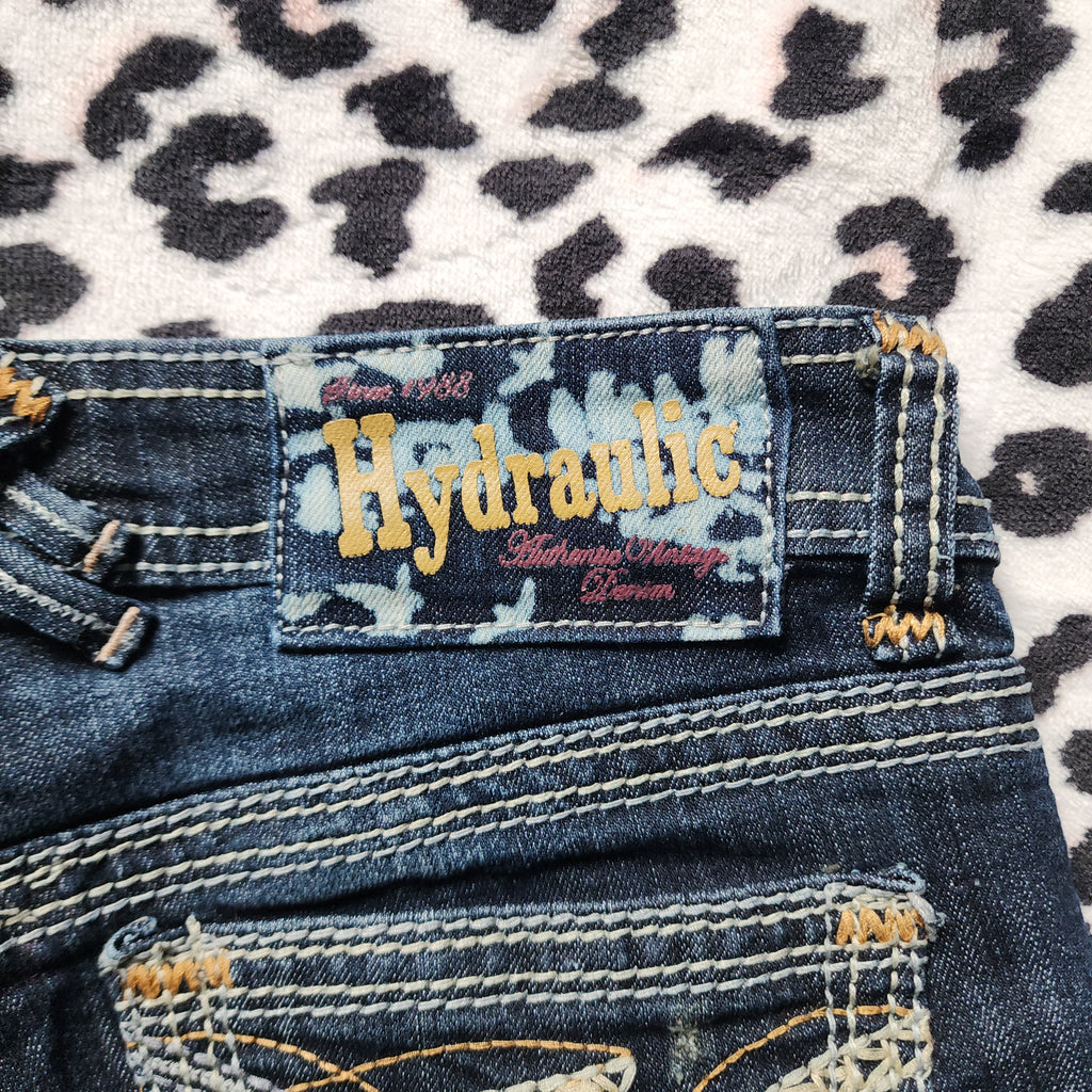 Y2K Hydraulic Low Rise Dark Wash Blue Embroidered Denim Capris