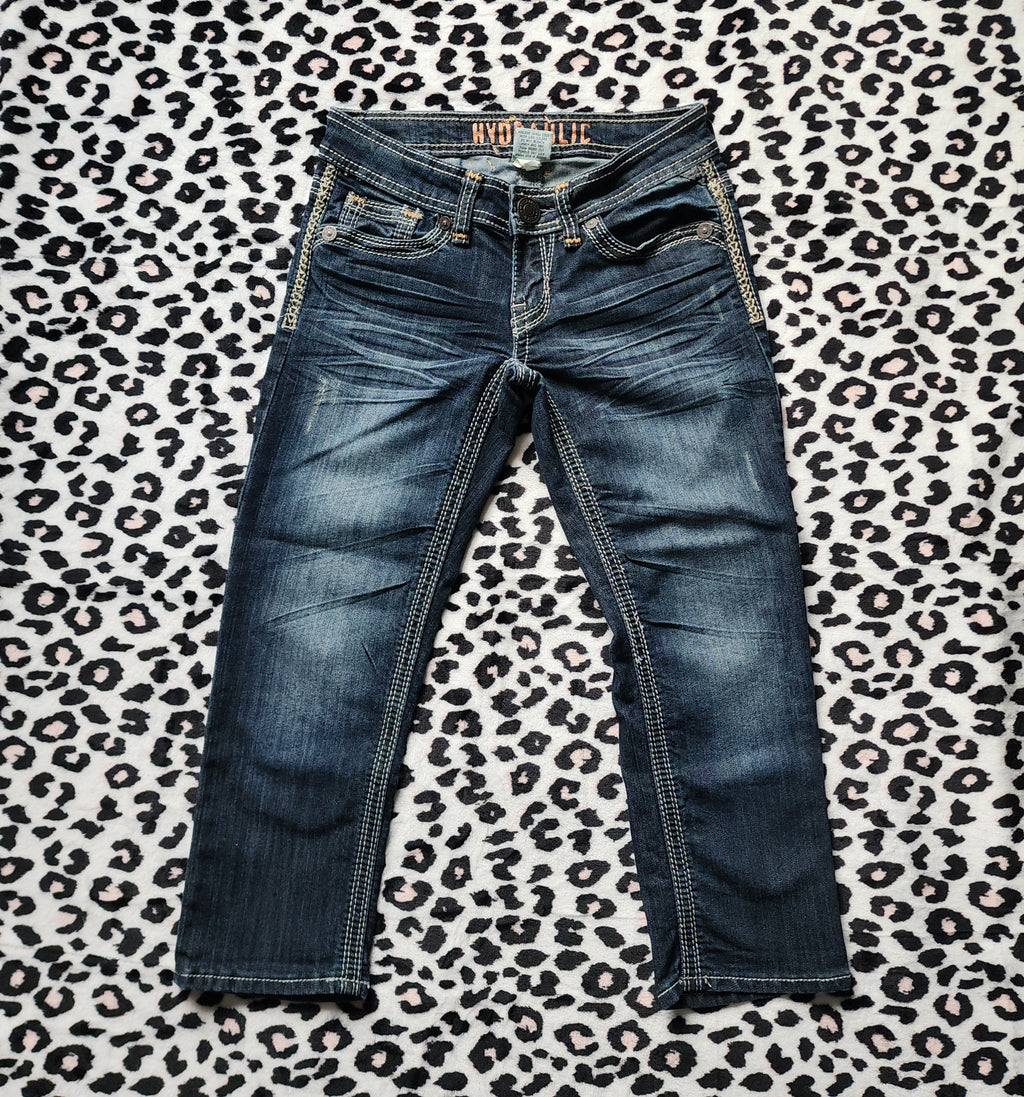 Y2K Hydraulic Low Rise Dark Wash Blue Embroidered Denim Capris