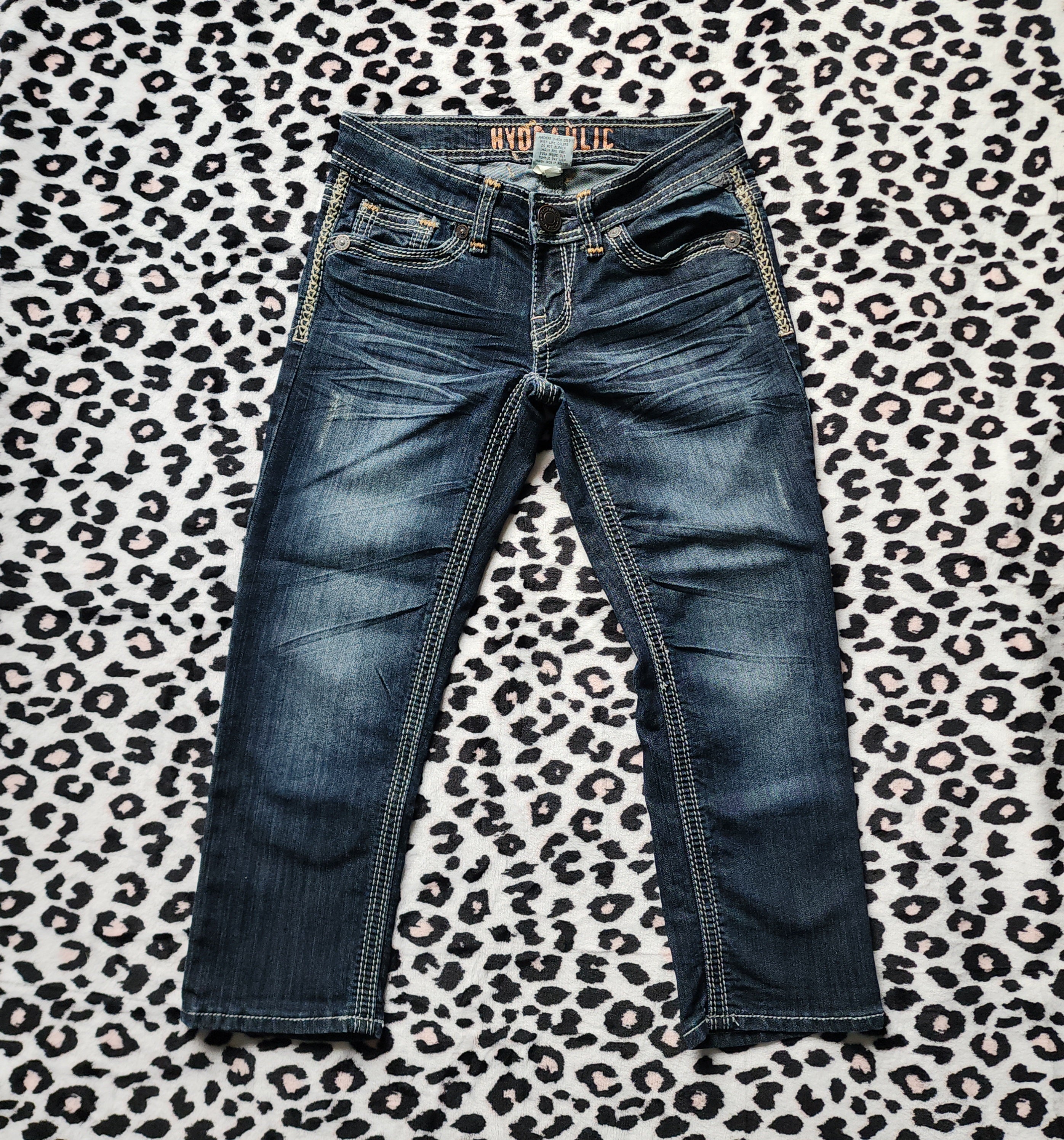 Y2K Hydraulic Low Rise Dark Wash Blue Embroidered Denim Capris
