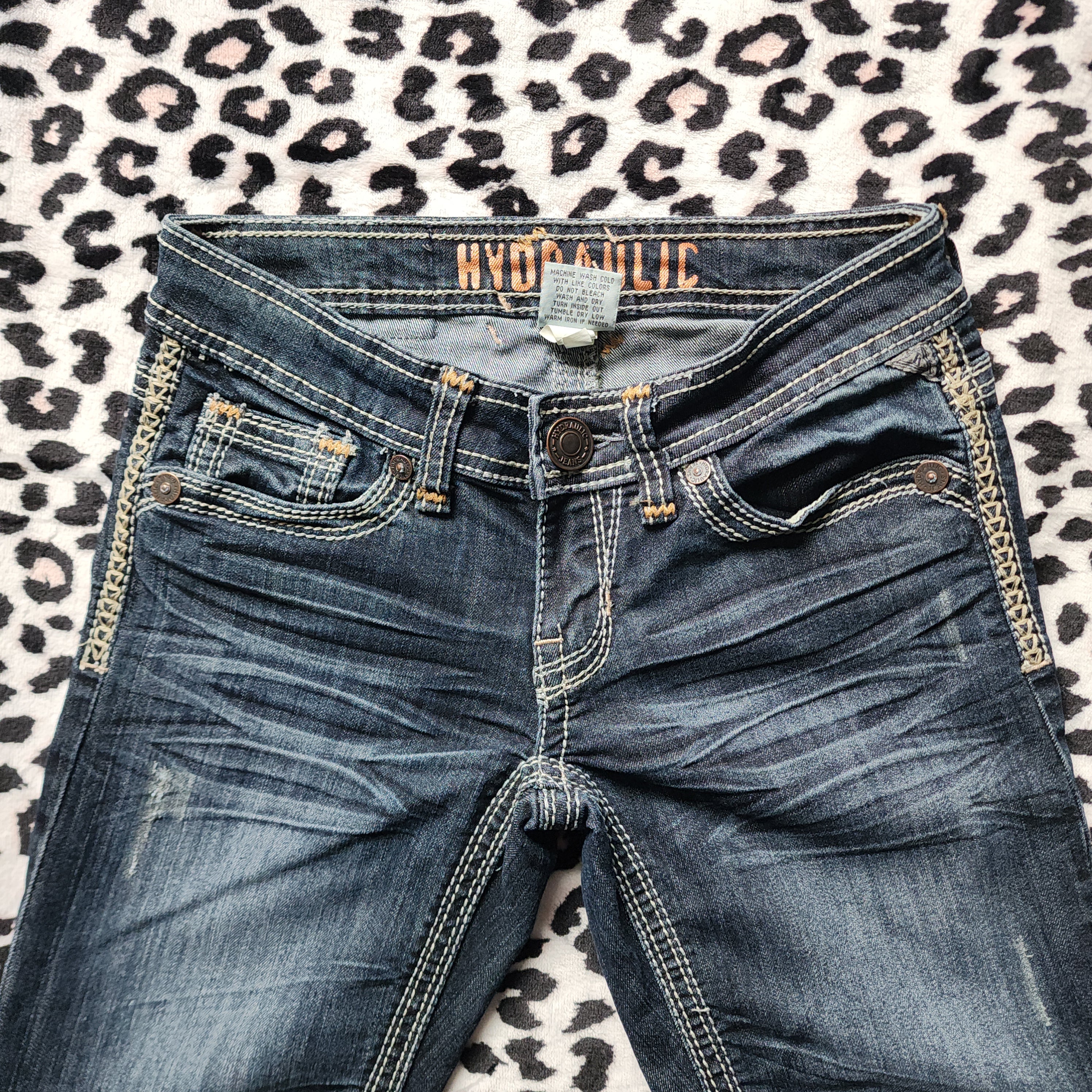 Y2K Hydraulic Low Rise Dark Wash Blue Embroidered Denim Capris