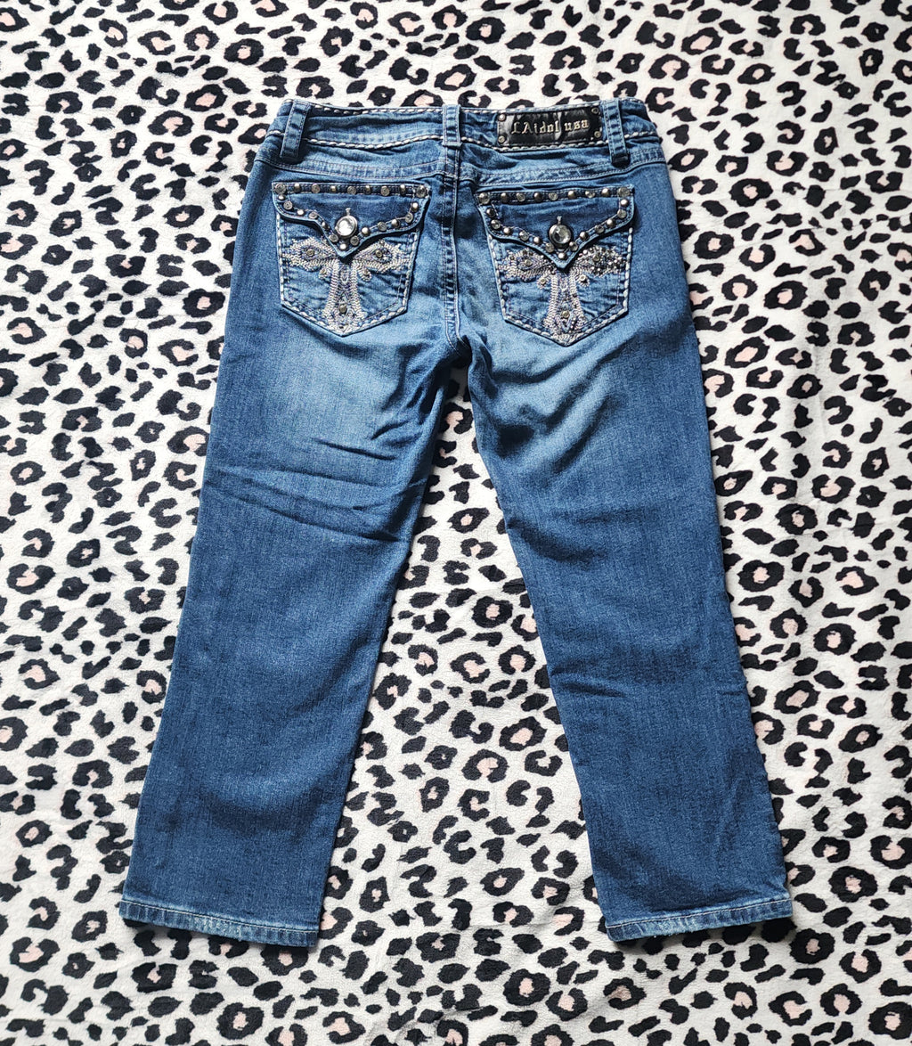 Y2K Inspired L.A. Idol Low Rise Medium Wash Blue Cathedral Bedazzled Denim Capris