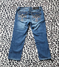 Y2K Inspired L.A. Idol Low Rise Medium Wash Blue Cathedral Bedazzled Denim Capris