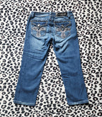Y2K Inspired L.A. Idol Low Rise Medium Wash Blue Cathedral Bedazzled Denim Capris