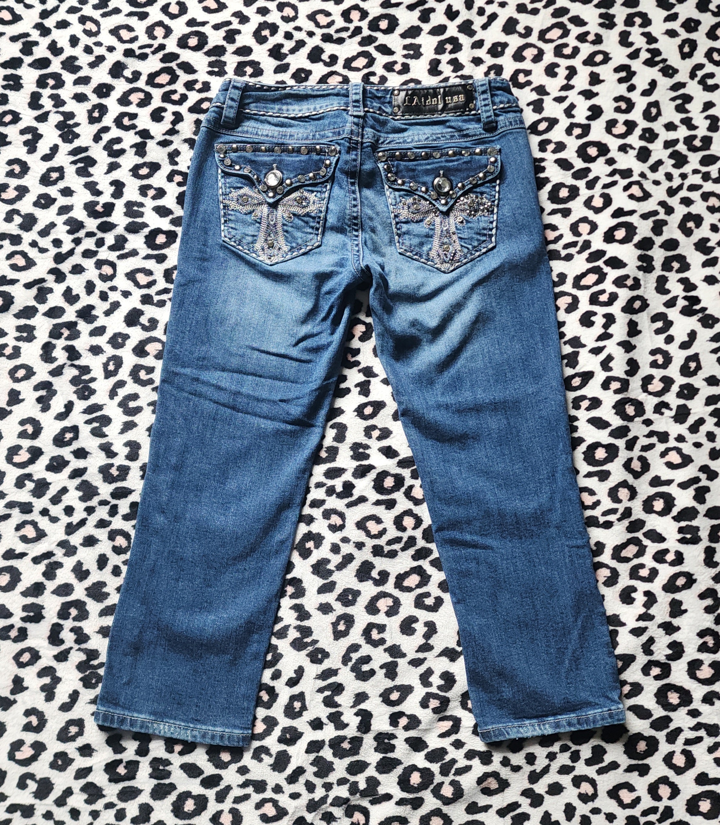Y2K Inspired L.A. Idol Low Rise Medium Wash Blue Cathedral Bedazzled Denim Capris