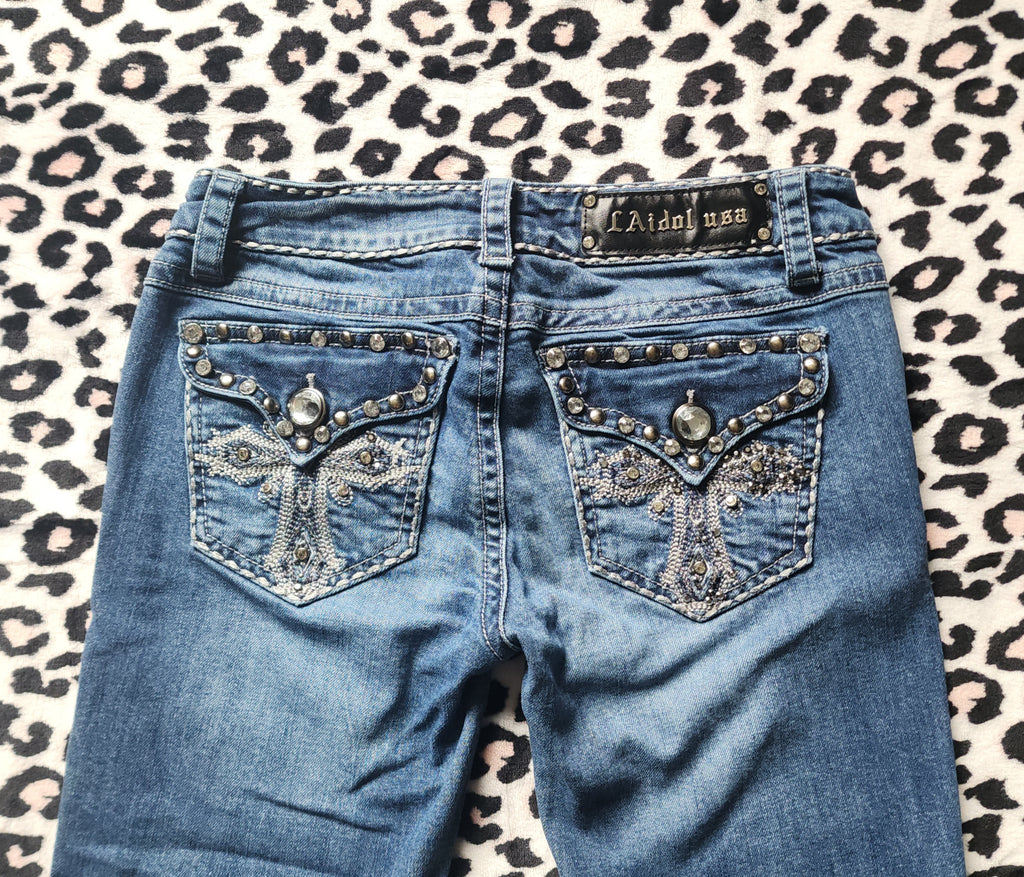 Y2K Inspired L.A. Idol Low Rise Medium Wash Blue Cathedral Bedazzled Denim Capris