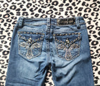 Y2K Inspired L.A. Idol Low Rise Medium Wash Blue Cathedral Bedazzled Denim Capris